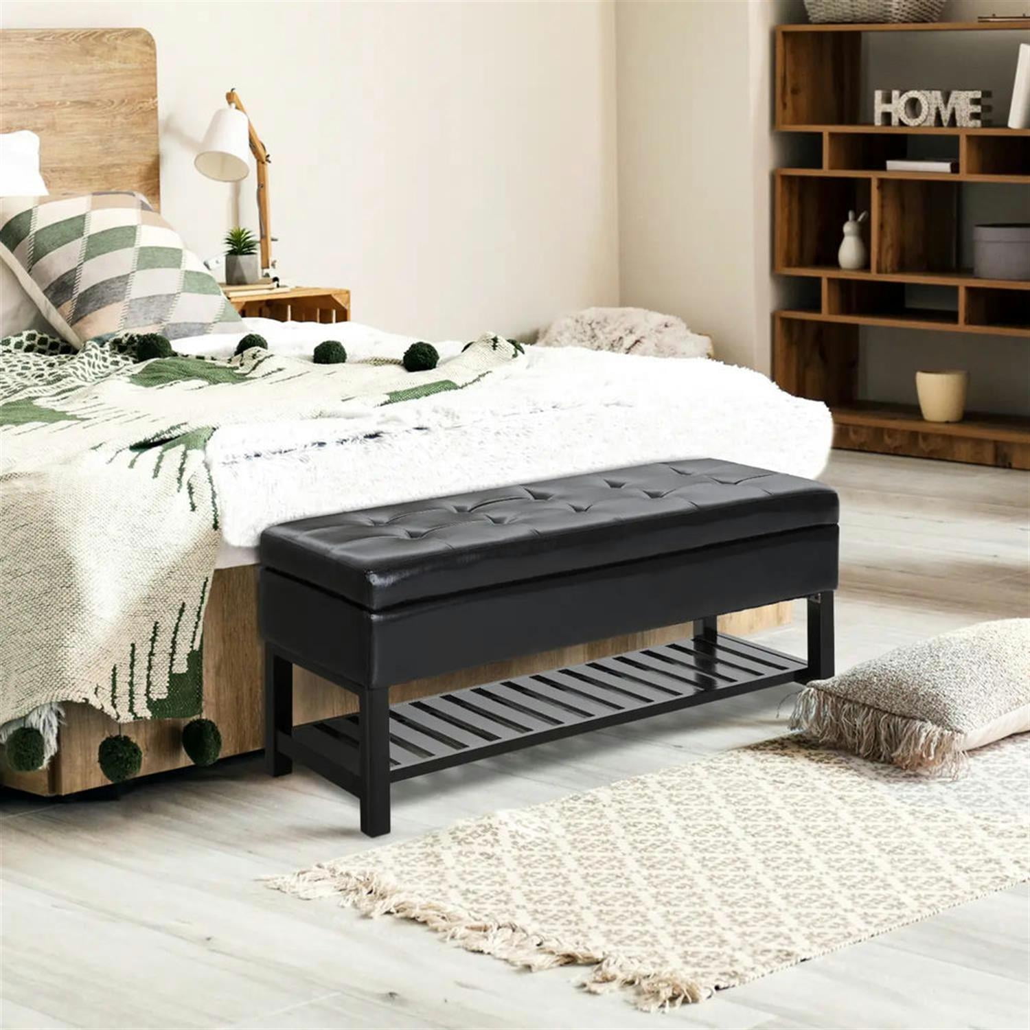 Demi Bonn Modern Storage Ottoman Bench with Shoe Rack, 44" Tufted Faux Leather, Space-Saving Footrest, Sturdy Bench, Black