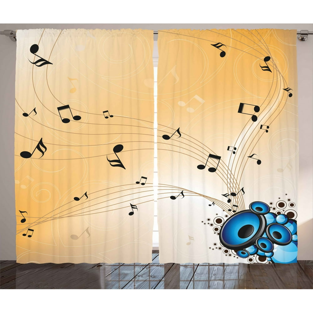 Music Curtains 2 Panels Set, Abstract Artwork Melodies Flying Notes