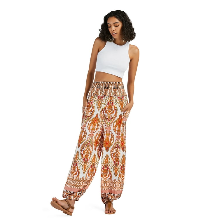 MECALA Women Elastic Waist Harem Hippie Boho Pants Loose Baggy Yoga Beach Pants Casual Wide Leg Trousers Orange XL Walmart