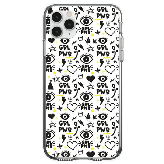 DistinctInk Clear Shockproof Hybrid Case for iPhone 12 MINI (5.4" Screen) - TPU Bumper, Acrylic Back, Tempered Glass Screen Protector - Girl Power - GRL PWR - Yellow Black