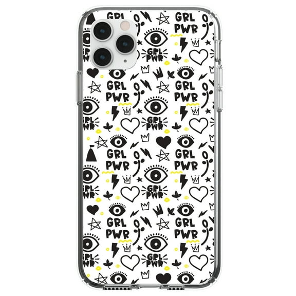 DistinctInk Clear Shockproof Hybrid Case for iPhone 12 MINI (5.4" Screen) - TPU Bumper, Acrylic Back, Tempered Glass Screen Protector - Girl Power - GRL PWR - Yellow Black