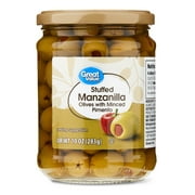 Great Value Stuffed Manzanilla Olives with Minced Pimento, 10 oz Jar