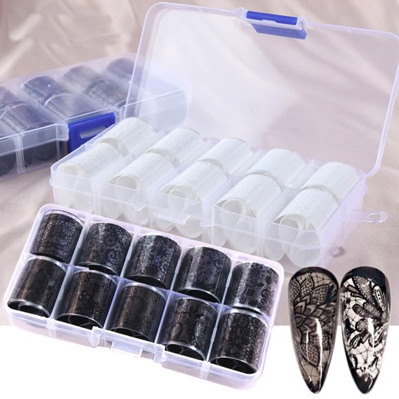 HYWWPFLAY 2 cajas de 20 rollos de hojas de papel de uñas de encaje blanco y negro, lámina holográfica para decoración de uñas, lámina de transferencia para uñas, pegatinas de encaje para uñas, calcoma