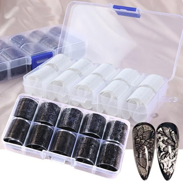 HYWWPFLAY 2 cajas de 20 rollos de hojas de papel de uñas de encaje blanco y negro, lámina holográfica para decoración de uñas, lámina de transferencia para uñas, pegatinas de encaje para uñas, calcoma