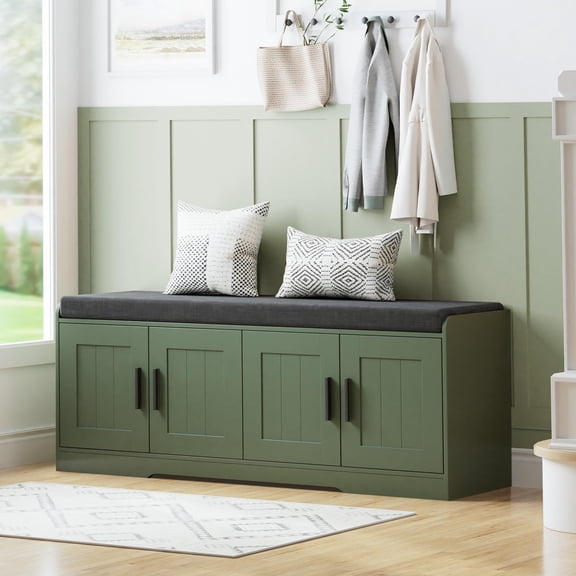 Green Shoe Storage Bench with 4 Doors & Thickened Padded Seat Cushion