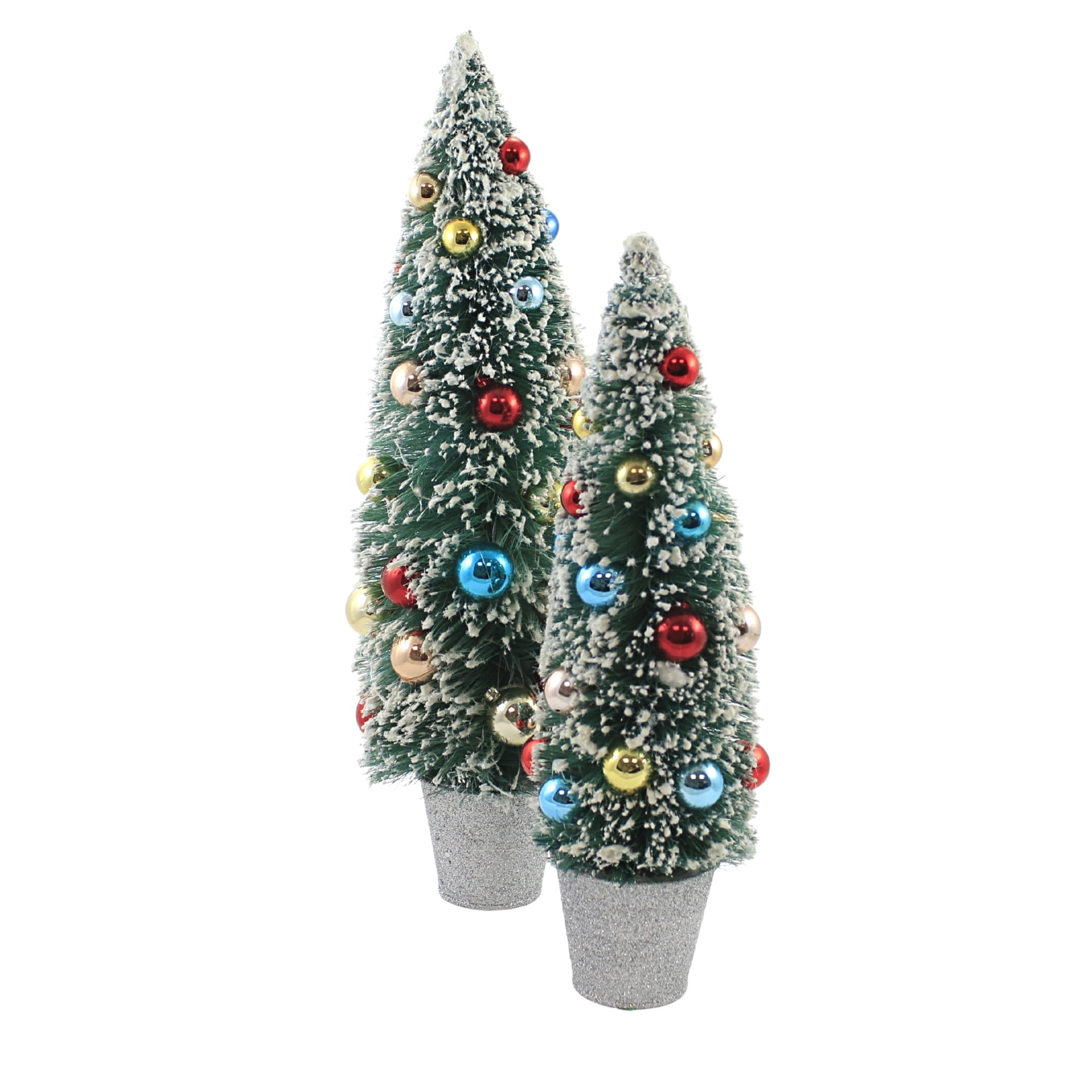 RAZ Imports~14" WHITE BOTTLE BRUSH TREE IN URN~Set of 2~Resin Christmas Decor 