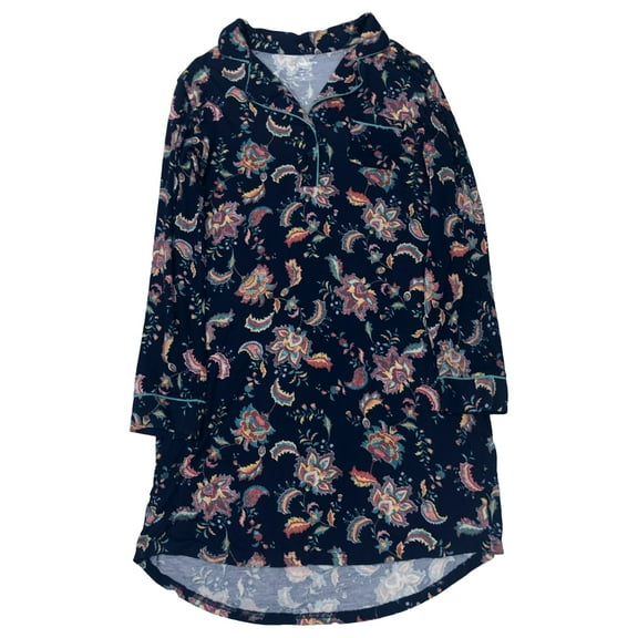 Womens Blue Floral Print Collared Sleepshirt Night Shirt Nightgown Medium