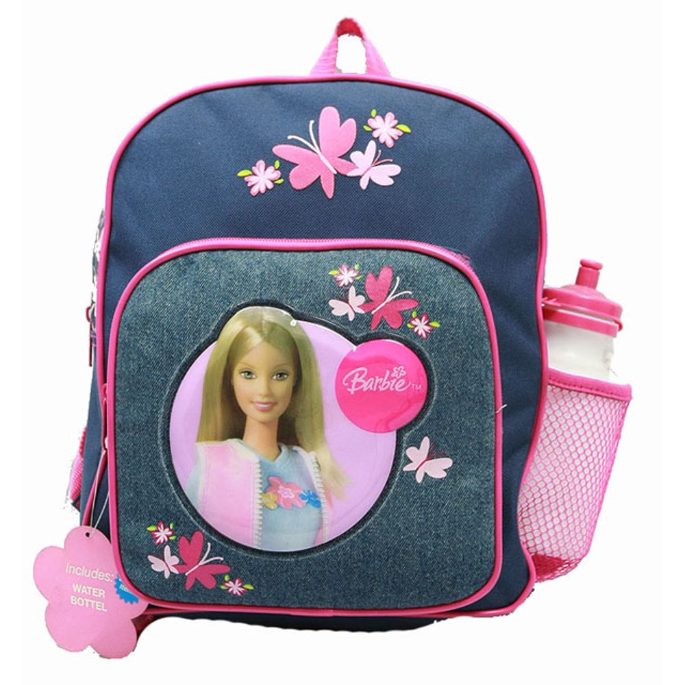 Barbie Small Backpack Barbie w/ Water Bottle Denim Flowers New