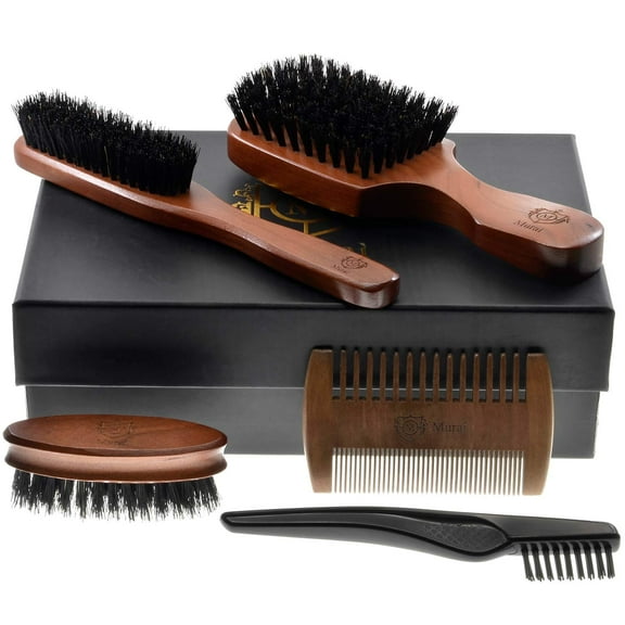 Murai Beard Kit for Men Gift Set GMK1 Mens Beard Grooming Kit - Military Paddle Hair Brush, Large Handle Beard Brush, Pocket Sized Oval Beard Brush, Wood Beard Comb, and Hairbrush Cleaner