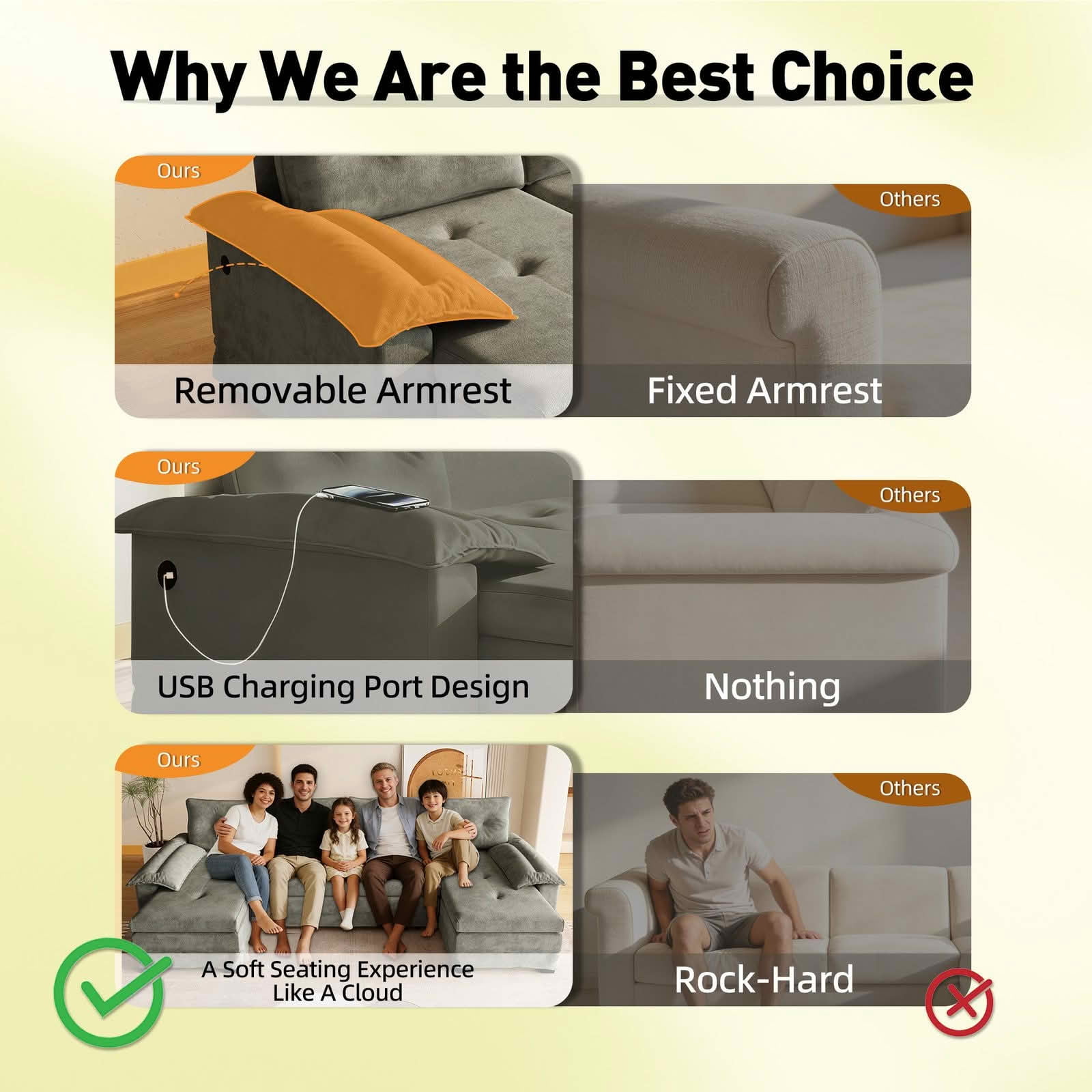 MAYEERTY 109.5" U‑Shaped Pull‑Out Sleeper Sofa, 2‑in‑1 Convertible Modular Sectional with Removable Armrests, USB Ports, Chaise Lounge, 4 Pillows Included