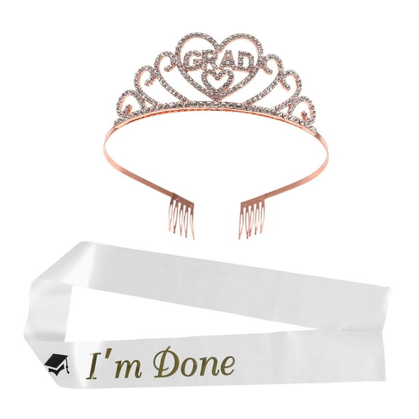 1 juego de banda y corona de graduación para suministros de fiesta de graduación, tiara de satén con brillantes diamantes de imitación para celebración de graduación.