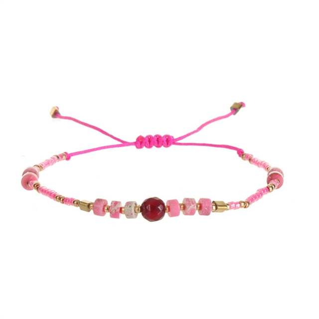 Nvzi Pulseras de cuentas de piedra hechas a mano para mujer, lindas cuentas de piedra de semilla, pulsera de cuerda ajustable, regalos de joyería de playa de verano, rosa
