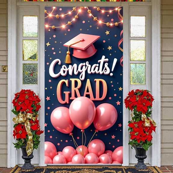 Pink Theme Graduation Banner Gold Decorative Grad Party Backdrop Pink Balloons Golden Stars Graduation Background for Graduation Party Graduation Ceremony Grad Photo Shoot