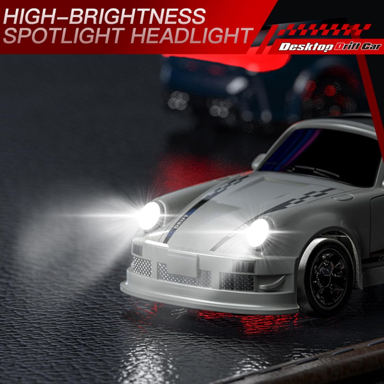 1/64 Scale 2.4G High Speed Drift RC Car, Remote Control Drift 4WD Mini Lights System, Desktop Drift Car for Adults (White)