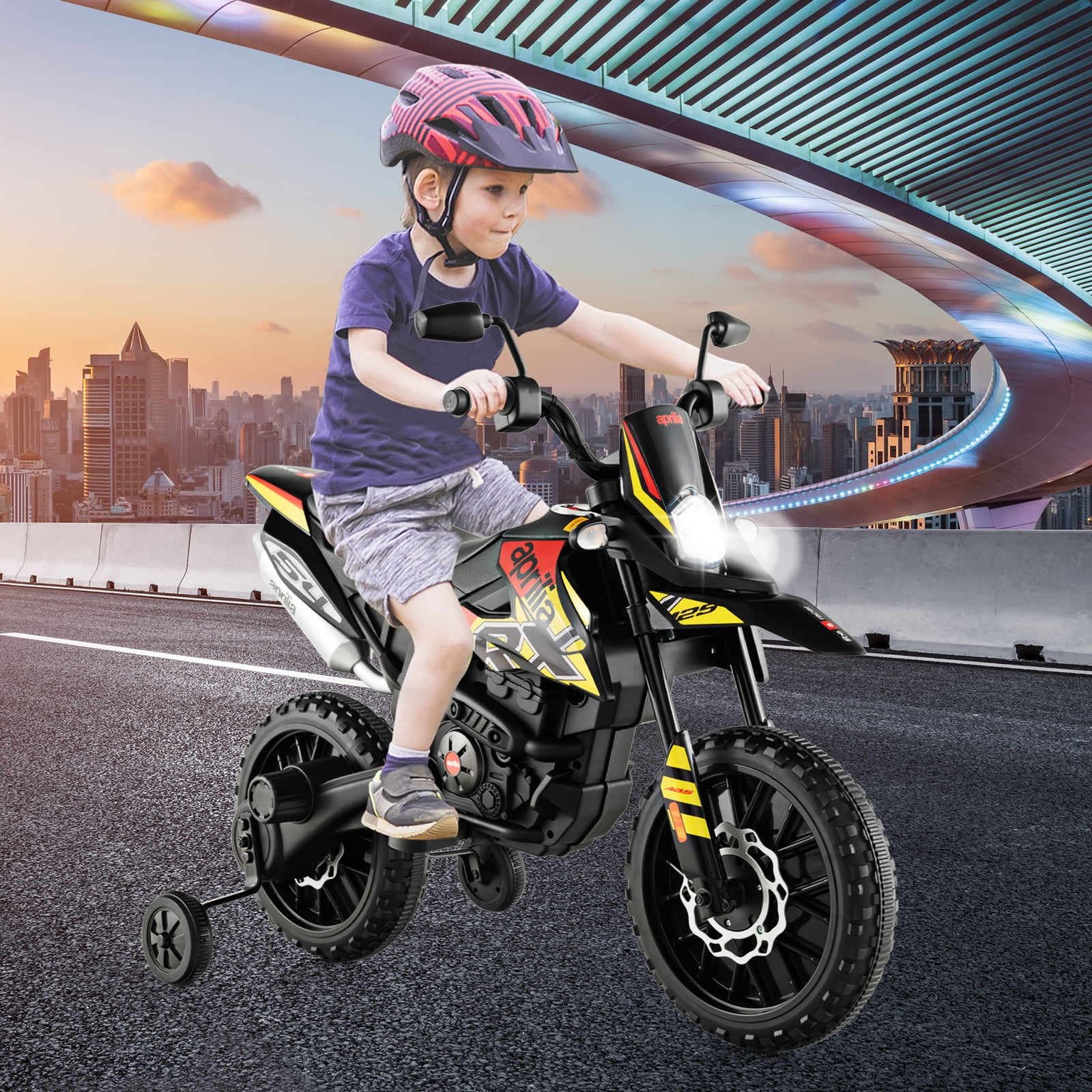 Olakids 12V Aprilia RX125 Electric Ride-on Motorcycle, Black, with Training Wheels, Ages 3-8