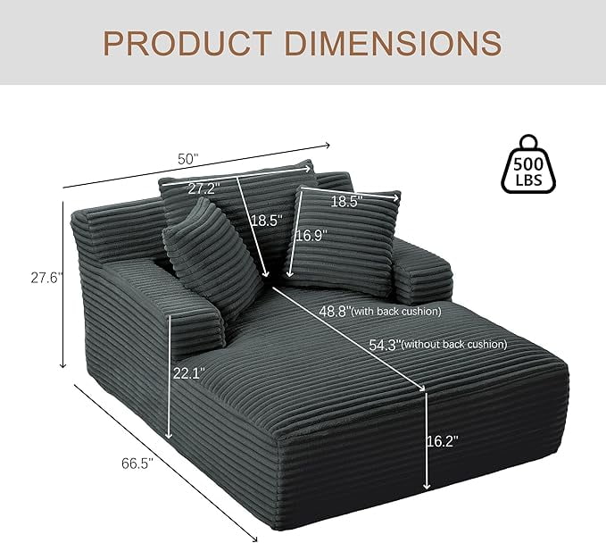 GNIXUU 50" Oversized Chaise Lounge Sofa Chair Indoor, Modern Corduroy Sleeper Sofa Cloud Couch with 3 Soft Pillows, Comfy Single Seat Floor Sofa for Living Room, Apartment, Office (Dark Grey)