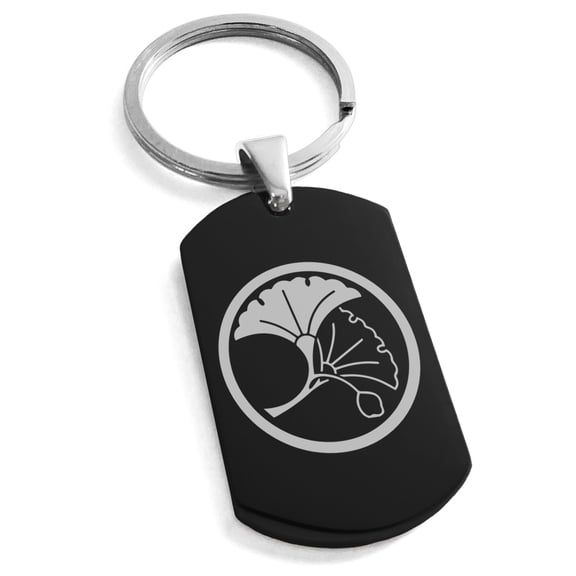 Stainless Steel Yin Yang Ginkgo Leaves Kamon Crest Engraved Dog Tag Keychain Keyring