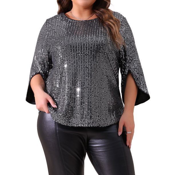 Agnes Orinda Blusas de Talla Grande para Mujeres Lentejuelas Brillantes con Manga de 3/4 y Cuello Redondo Blusa de Fiesta 2025 4X Negra