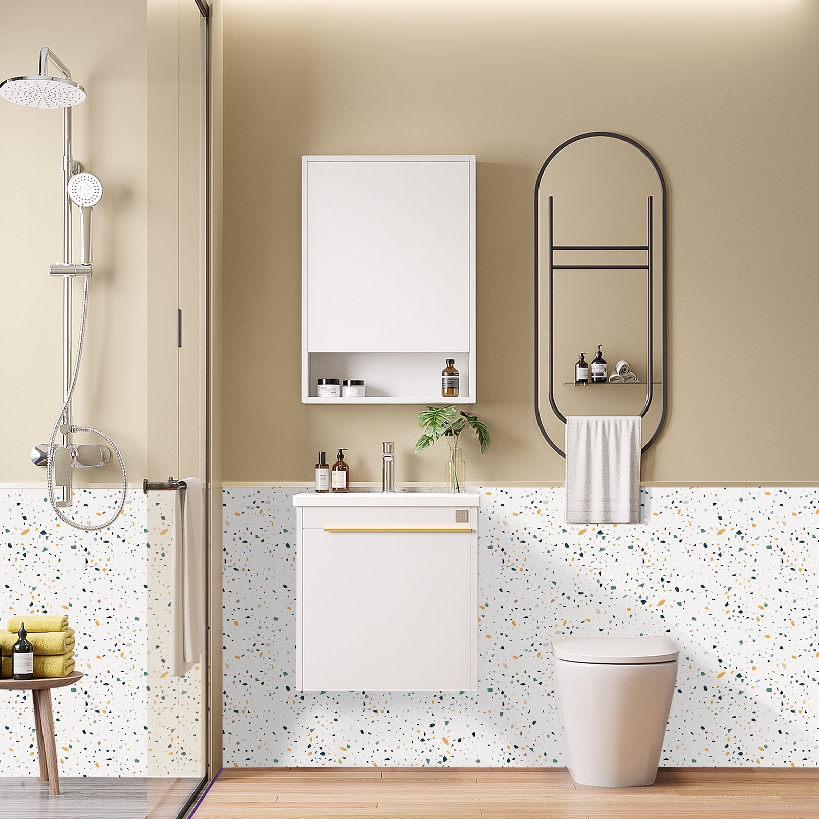 DEWOO Peel and Stick Floor Tile, 10-Sheet 12 x 12in Covers 10 Sq.ft, Waterproof Vinyl Flooring Tiles Self Adhesive for Kitchen, Bathroom & Bedroom - Modern Terrazzo