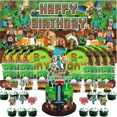 Minecraft Birthday Cups Party Supplies Decor Backdrop Paper Plates Fans Decorations Banner