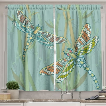 Ambesonne Dragonfly Kitchen Curtains, Insects Nature Exotic, 55"x39", Almond Green