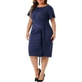 thumbnail image 4 of Agnes Orinda Plus Size Dress for Women Round Neck Short Sleeve Belted Knot Tie Midi Dresses 1X Navy Blue, 4 of 6