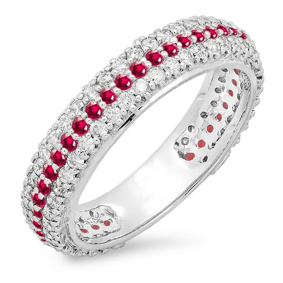 Dazzlingrock Collection 18K White Diamond & Ruby Ladies Pave Set Anniversary Wedding Eternity Ring Band, White Gold, Size 7