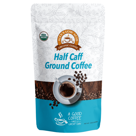 Alex's Low Acid Organic Coffee - Half Caff Fresh Ground (12oz) Size: 1 Bag