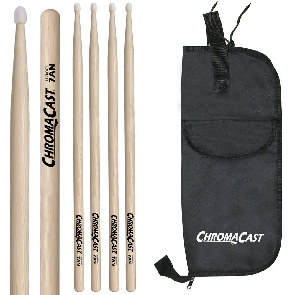 ChromaCast 5A Hickory NylonTipped Drumsticks, 3 Pairs with Drumstick