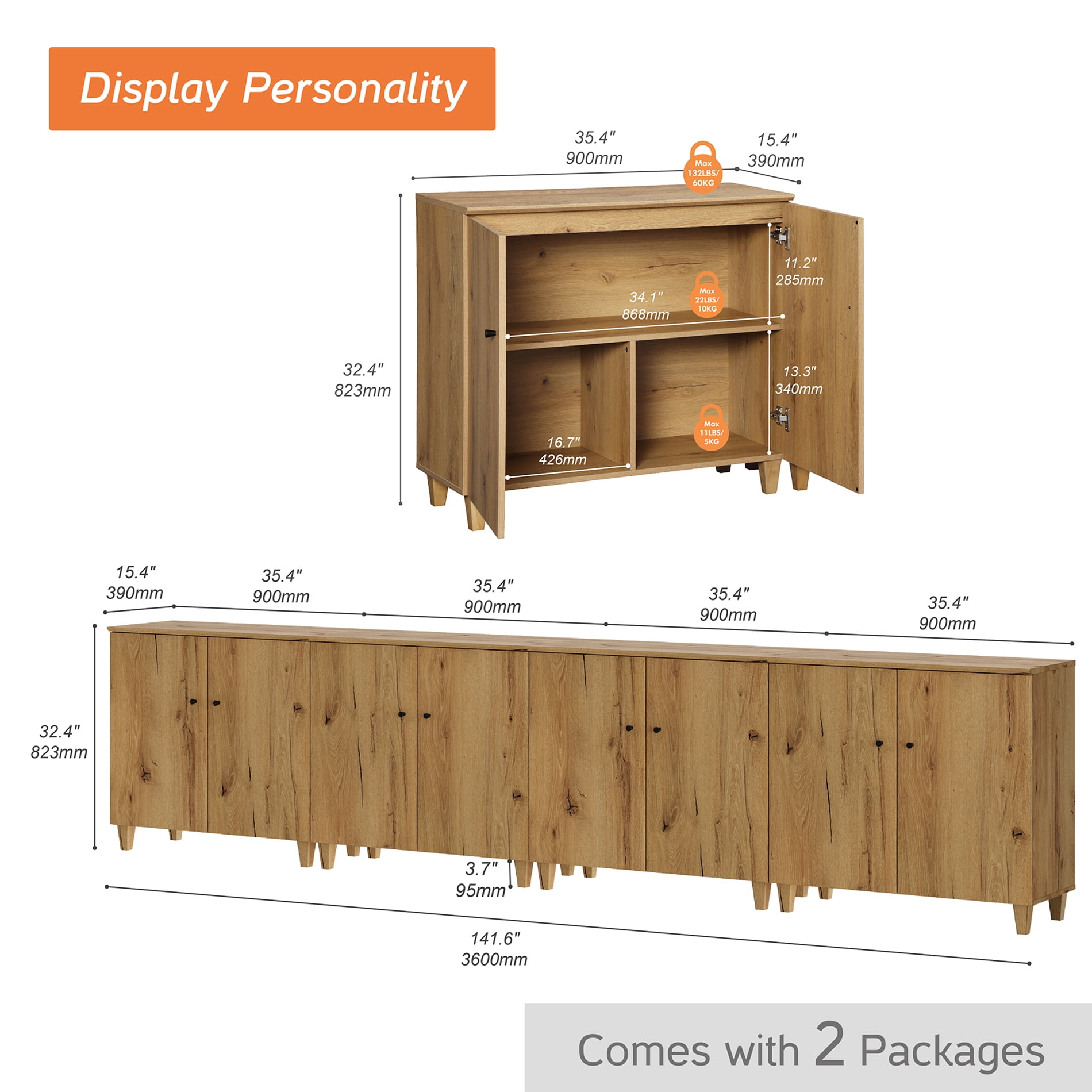 WAMPAT Modern Queen Size Canopy Bed Frame with 4-in-1 Large Storage Cabinets, Oak Brown