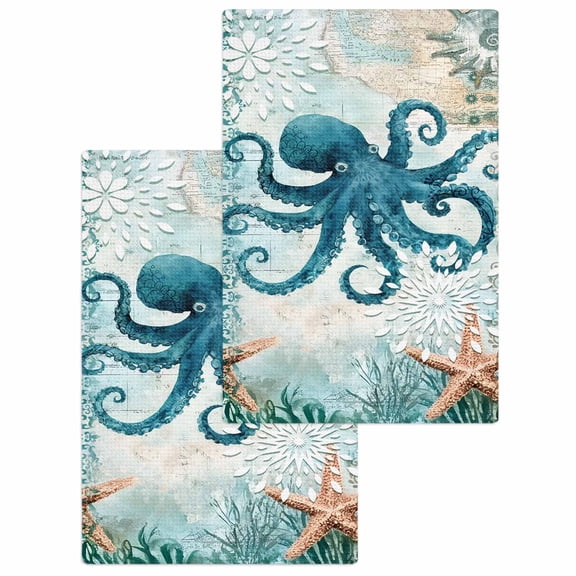 Coastal Octopus Kitchen Dish Towels for Drying Dishes Set of 2, Teal Nautical Beach Starfish Vintage Waffle Weave Microfiber Hand Tea Bathroom Towels Quick Dry & Absorbent Towel 15.7x23.6