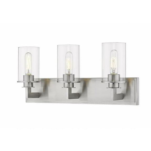 3 Light Modern Steel Vanity Light Fixture with Cylinder Clear Glass-10.25 inches H By inches W-Brushed Nickel Finish Bailey Street Home