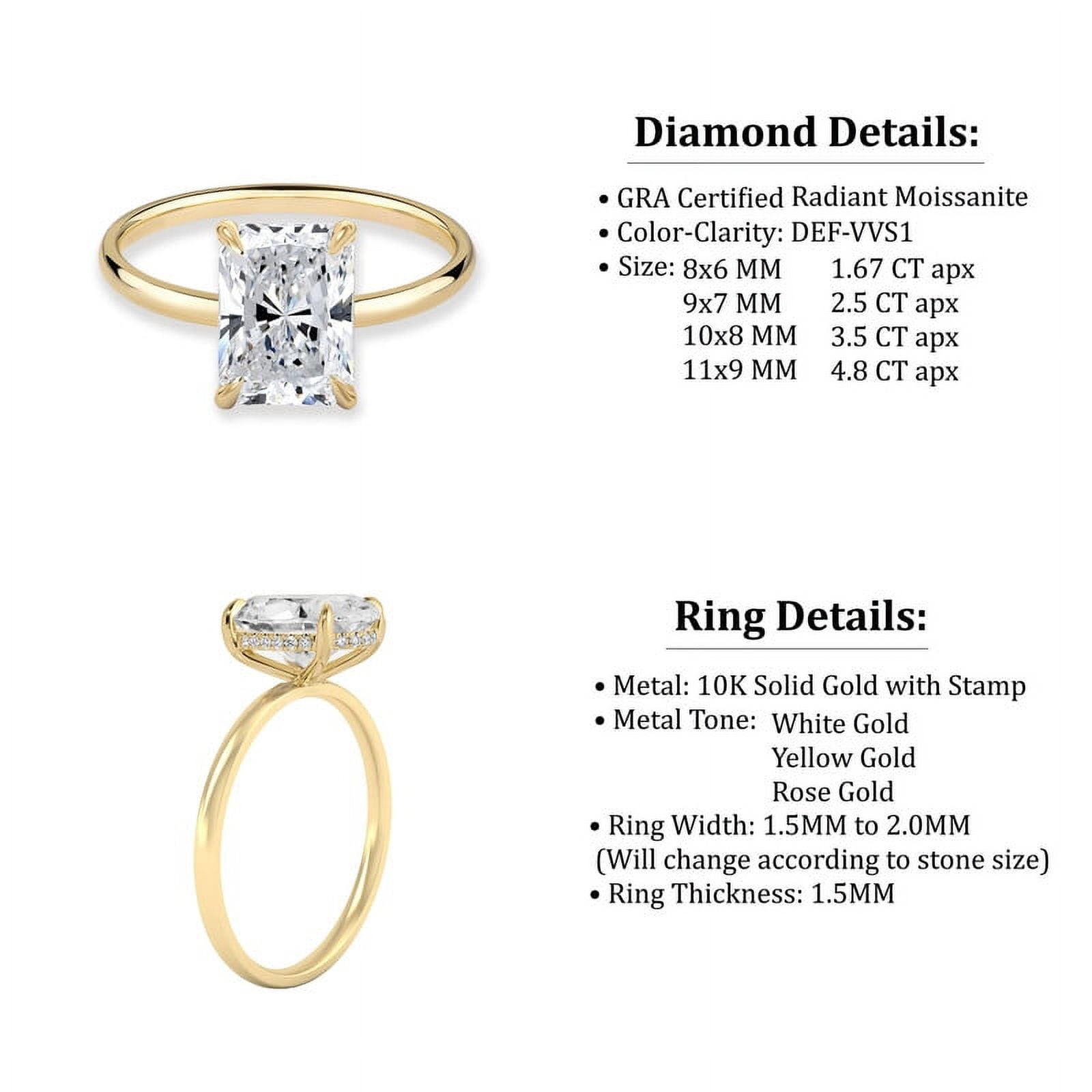 Cora Jewellery 3.5CT Radiant Moissanite Engagement Ring for Women, Solitaire Hidden Halo Ring, 10K Yellow Gold