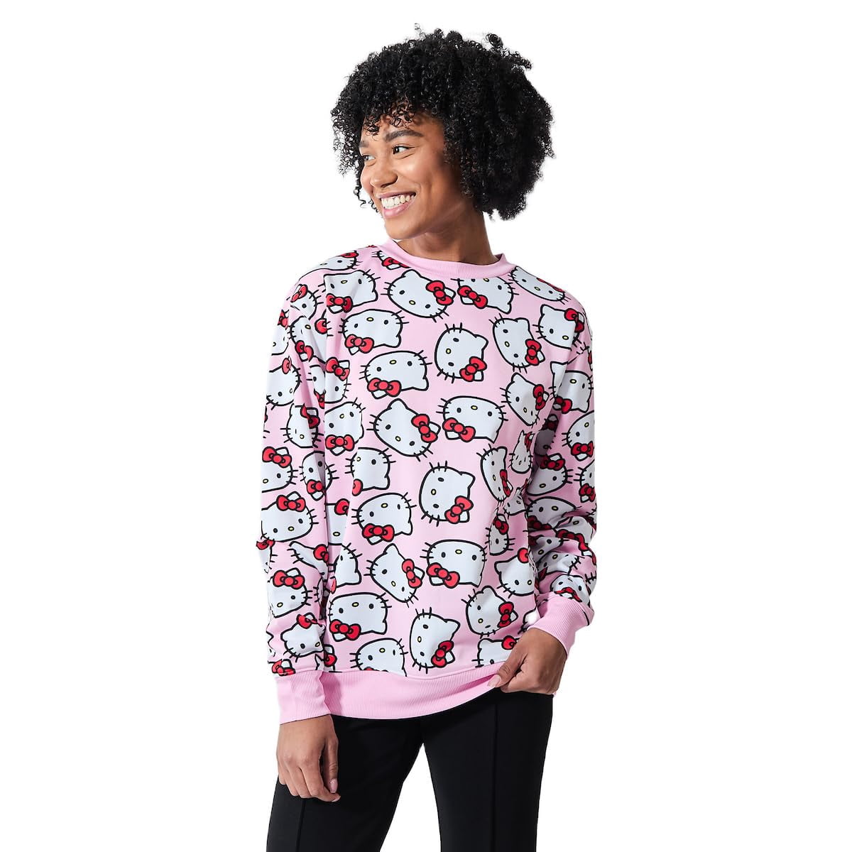 Hello Kitty Character Heads All-Over Print Women's Pink Crew Neck Long Sleeve Sweatshirt-Medium