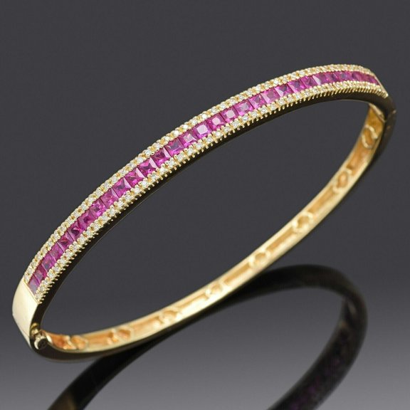 TAAPSEE JEWELS Women Princess Cut Lab Created Ruby Bangle Bracelet 14K Yellow Gold Plated Silver