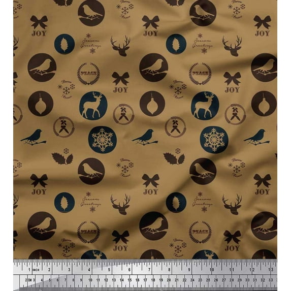 Soimoi Cotton Voile Fabric Reindeer,Bow & Bird Print Fabric by the Yard 56 Inch Wide