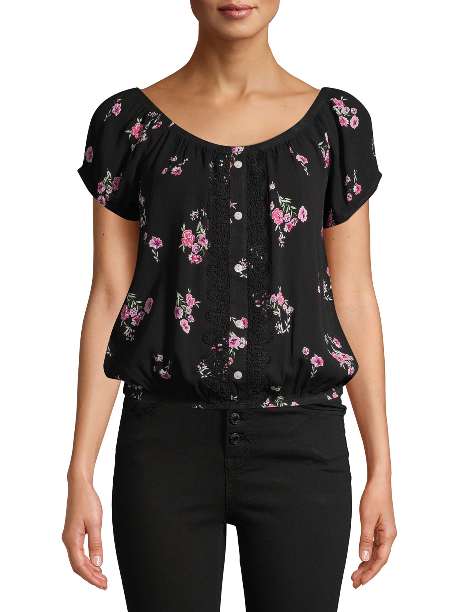 No Boundaries - No Boundaries Juniors' Floral Button Front Lace Trim Scoop Neck Peasant Top