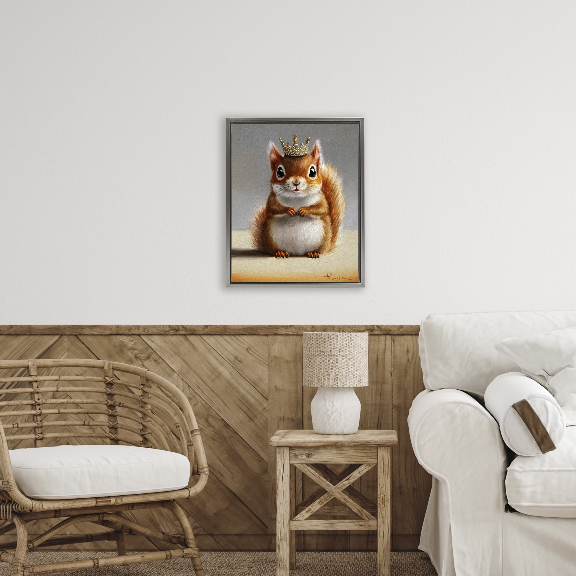 Fancy Crowned Squirrel Gray Framed Floater Canvas Wall Art, design by Lucia Heffernan
