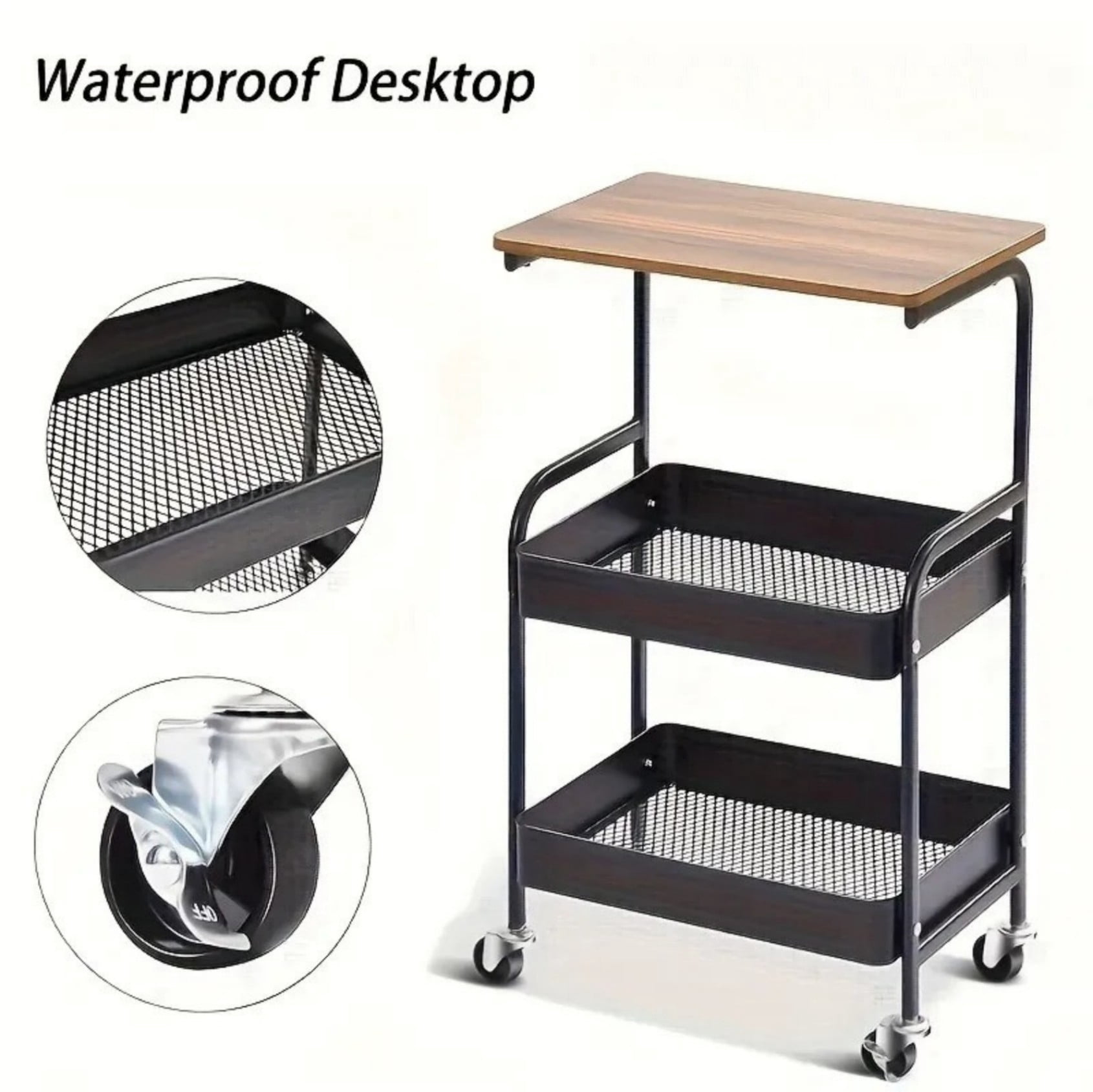3 Tier Rolling Utility Cart with Walnut Wood Top, Heavy Duty Metal Storage Organizer Cart with Lockable Wheels for Kitchen Bathroom Coffee Bar