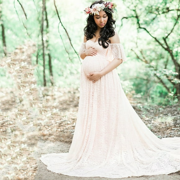 Long Maternity Photography Props Short Sleeve Pregnancy Dress Floor Length Off Shoulder Dresses For Photo Shoot Lace Maxi Gown
