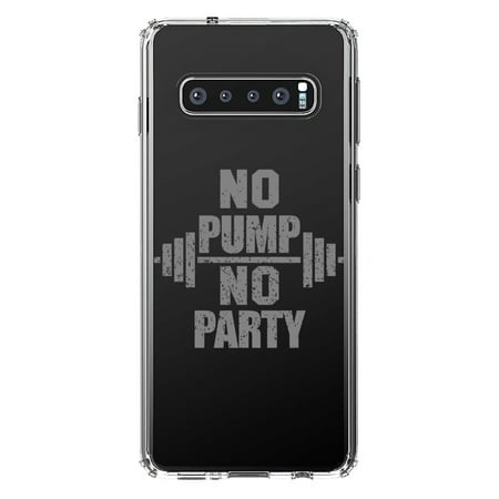 DistinctInk Clear Shockproof Hybrid Case for Samsung Galaxy S10 (6.1 Screen) - TPU Bumper Acrylic Back Tempered Glass Screen Protector - No Pump No Party Weights