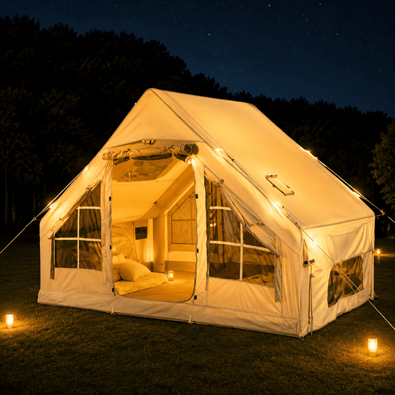 Inflatable Camping Tents With Hand Pump, Air Glamping Tents, Easy SetupWaterproofand Windproof Blow Up Tent, 4 Seasons Oxford Cabin Tent With esh &ChimneyWindow.