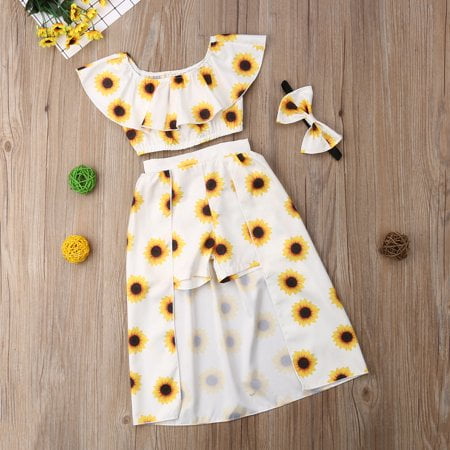 

Sinhoon Toddler Baby Girls Off Shoulder Ruffle Crop Tops Sunflower Shorts Dress Headband 1-6Y