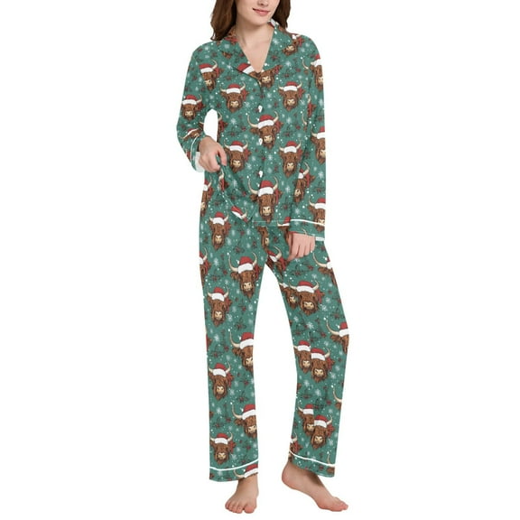 joogoo Pajamas Set for Women Highland Cattle Christmas Long Sleeve Pjs Loungewear L