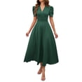 thumbnail image 1 of Vestido largo de manga corta para mujer: vestido de invitada de boda con cuello en V y mangas abullonadas, vestido de noche formal de cintura alta, tallas S-XL, 1 of 7