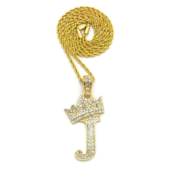 Stone Stud Allover Tilted Crown Initial J Pendant w/ 2mm 24" Rope Chain Necklace, Gold-Tone