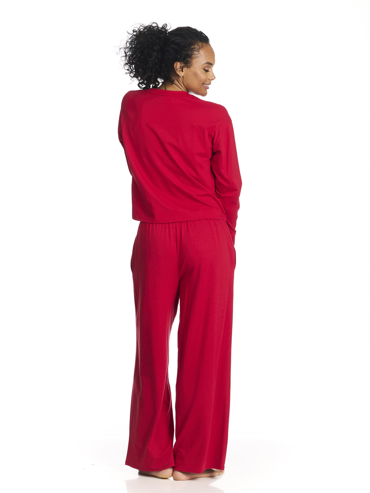 U.S. Polo Assn. Women's Long Sleeve Cotton Span Top and French Terry Wide Leg Pant Pajama Sleep Set, 2-Piece, Sizes S-3X
