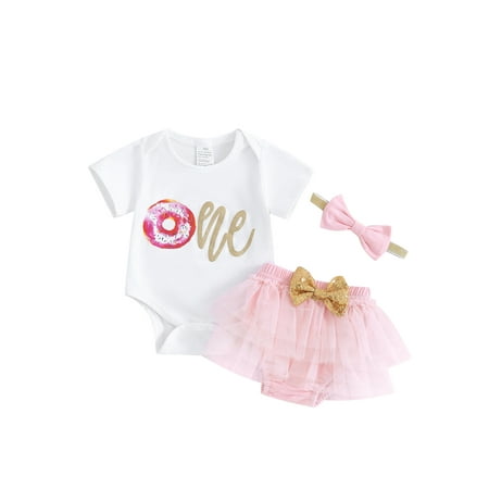 

First Birthday Outfit Baby Girl Short Sleeve Donut Print Romper + Tutu Skirt Shorts + Headband Cake Smash Costume