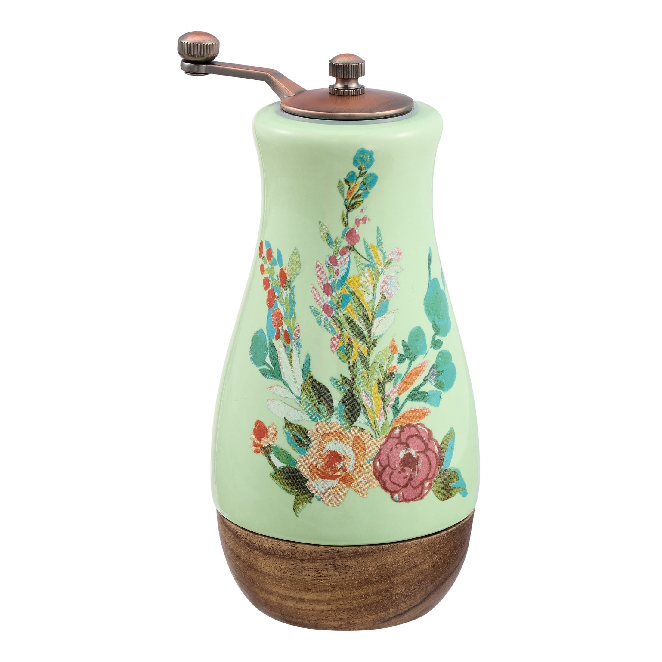 (2 pack) The Pioneer Woman Ceramic Painted Meadow Pepper Mill with Metal Grinder and Acacia Wood Base, A Practical Choice for Seasoning Storage and Serving