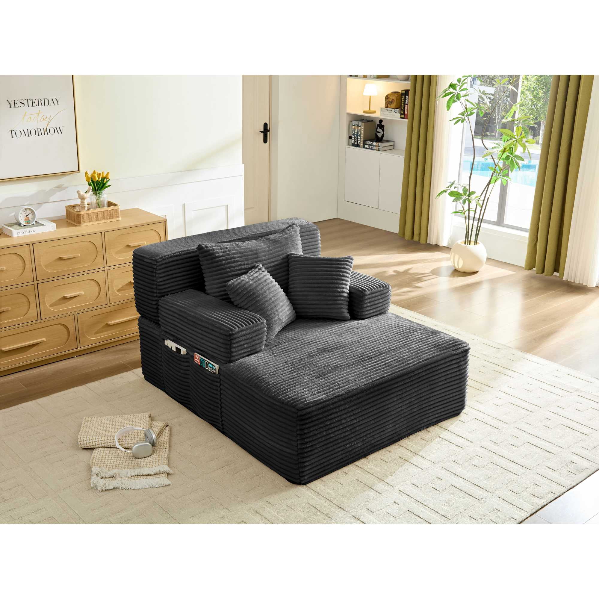 Leumius 70.8" Chaise Lounge Chair Indoor,Oversized Boneless Lounge Chair with Adjustable Backrest & Storage Pocket,Cloud Reading Chair for Living Room Bedroom, No Assembly Required,Black